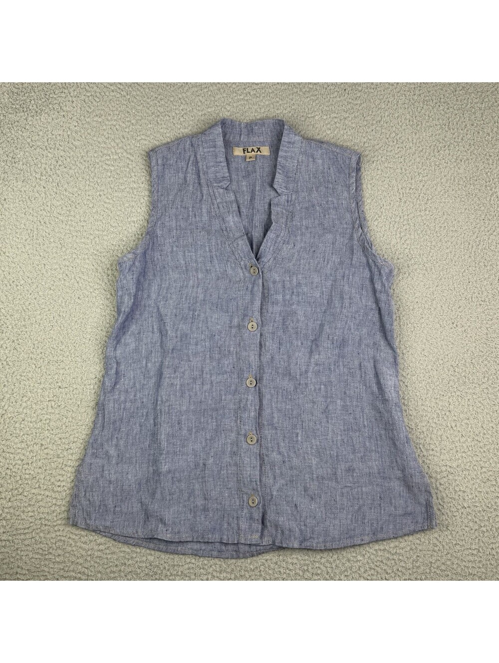 Flax 100% Linen Button Front Sleeveless Shirt Blue Sz S/P Natural Fiber V-Neck